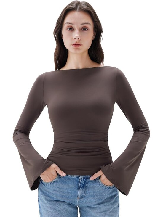 Tops - Women's Brown Long Sleeve Crew Neck Double Lined Casual Tops Basic T Shirts